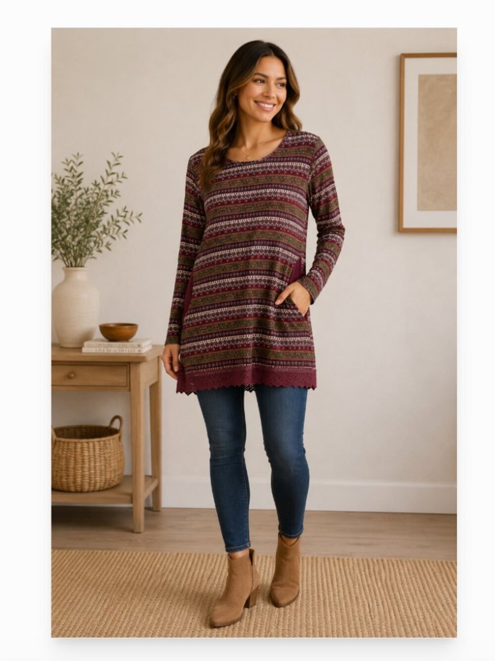 Yak & Yeti women's M nordic print crochet trim pocket tunic mini dress EUC